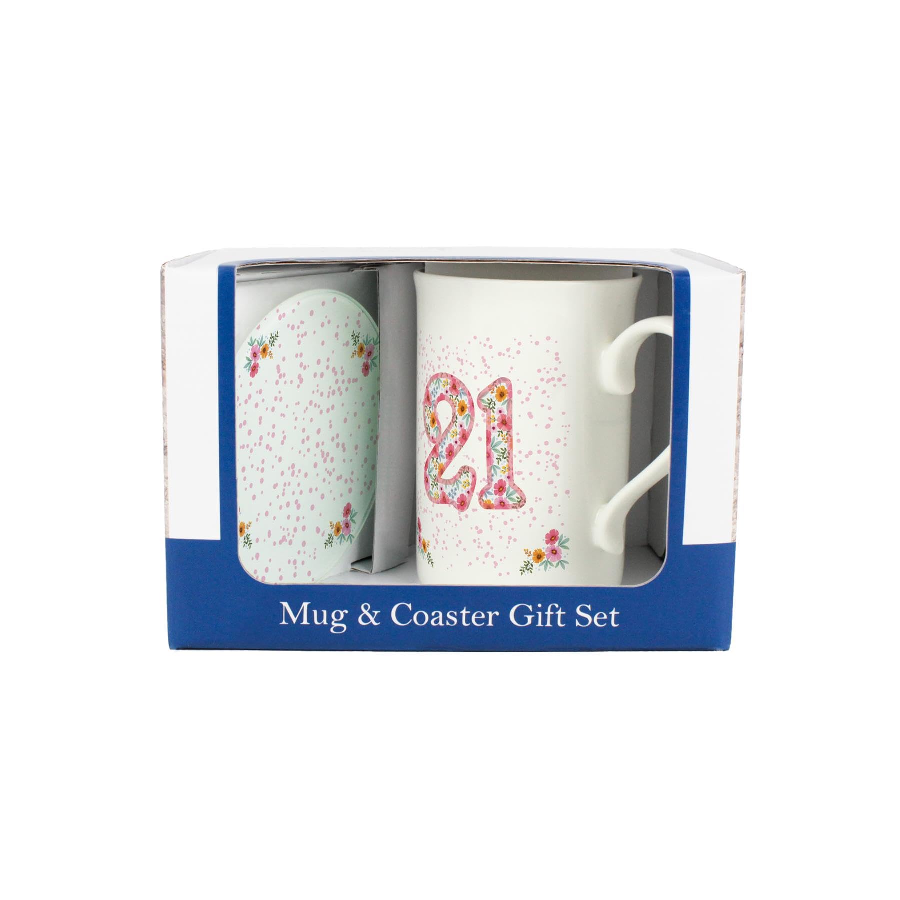 Purely Home Pink Floral 21st Birthday Mug & Coaster Gift Set - Bone China Mug and Glass Coaster Tea/Coffee Cup Present for Her