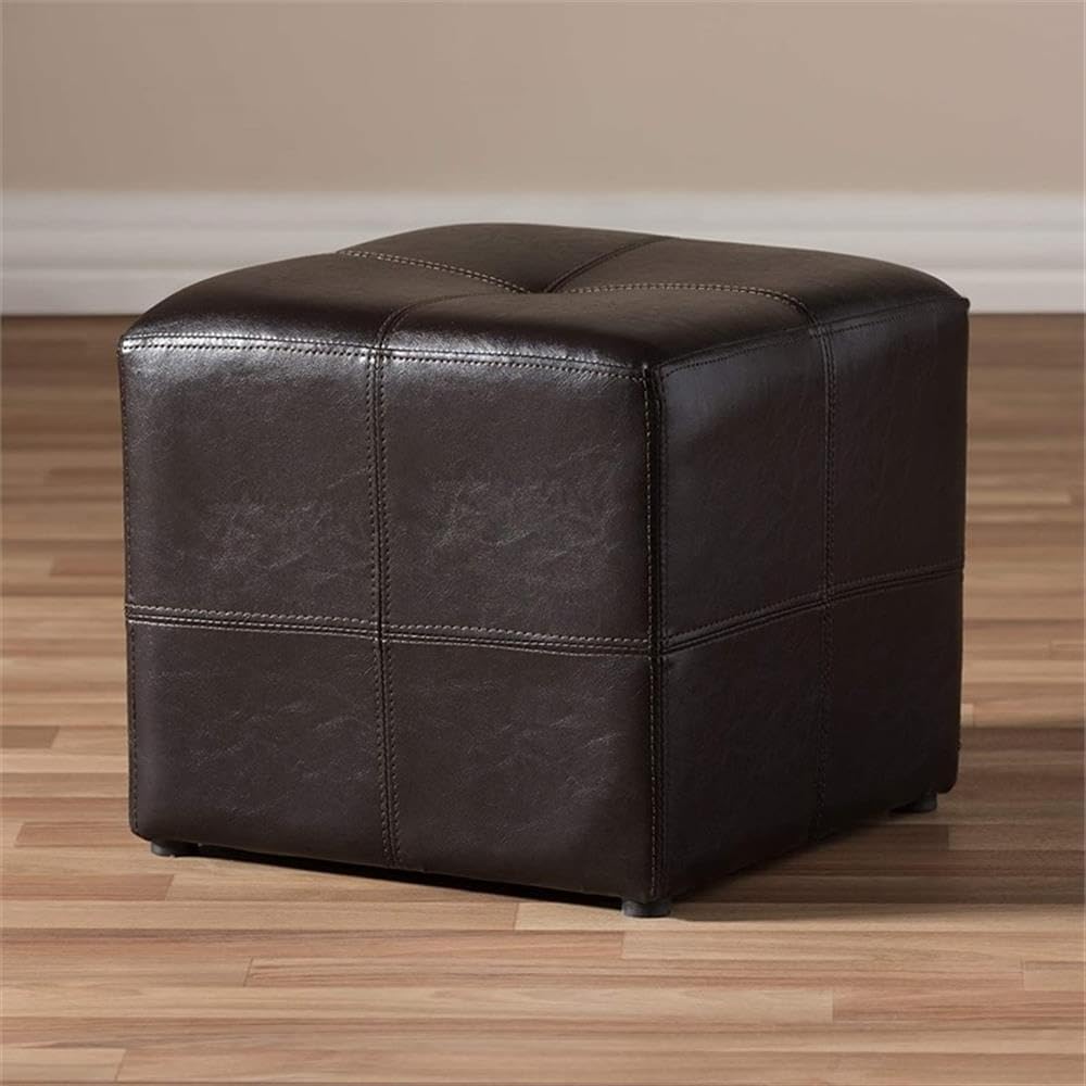 Pemberly Row Leather Cube Ottoman, 15" H x 16" W x 16" D, Bonded Leather Upholstery, Dark Brown Finish, Stitched Panels, Sturdy Round Plastic Legs, Modern Seating or Living Room Accent Piece