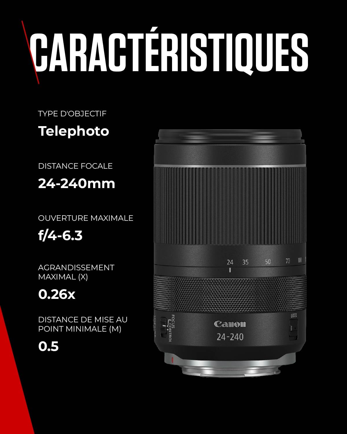Objectif Canon RF 24-240 mm F4-6,3 IS USM téléobjectif et grand-angle standard 10x, faune, paysage, rue, compatible avec le système Canon EOS R