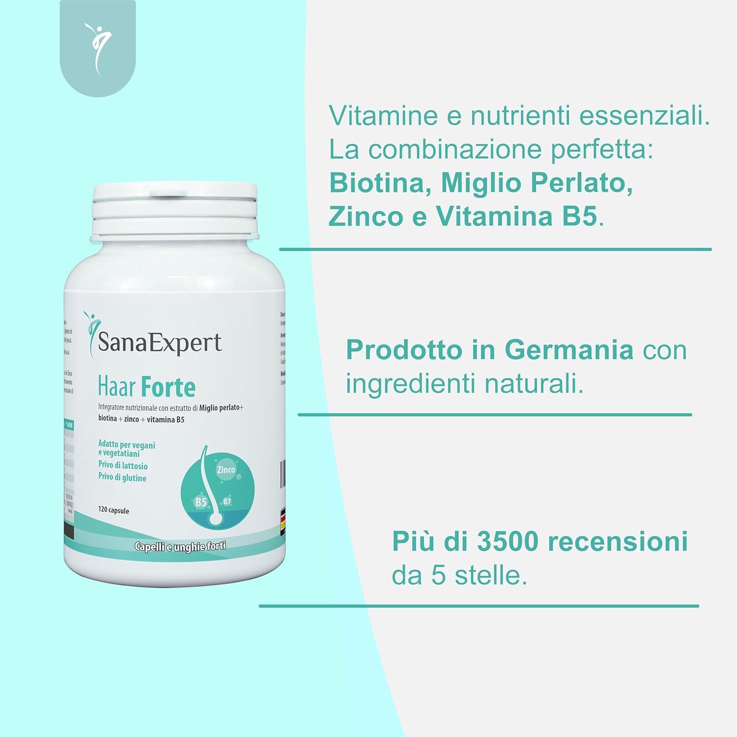 SanaExpert Haar Forte - Integratore per Capelli e Unghie - Con Biotina, Zinco, Miglio Perlato e Selenio - 120 Capsule Vegane - Prodotto in Germania