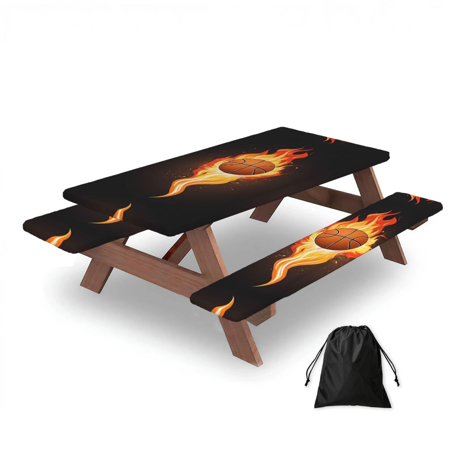 ESNAIUVCD Basketball Print Picnic Table Cover With Bench Covers,Camping Essentials,Fitted Tablecloth Cover With Elastic Edge, For Indoor & Outdoor 3 Pcs