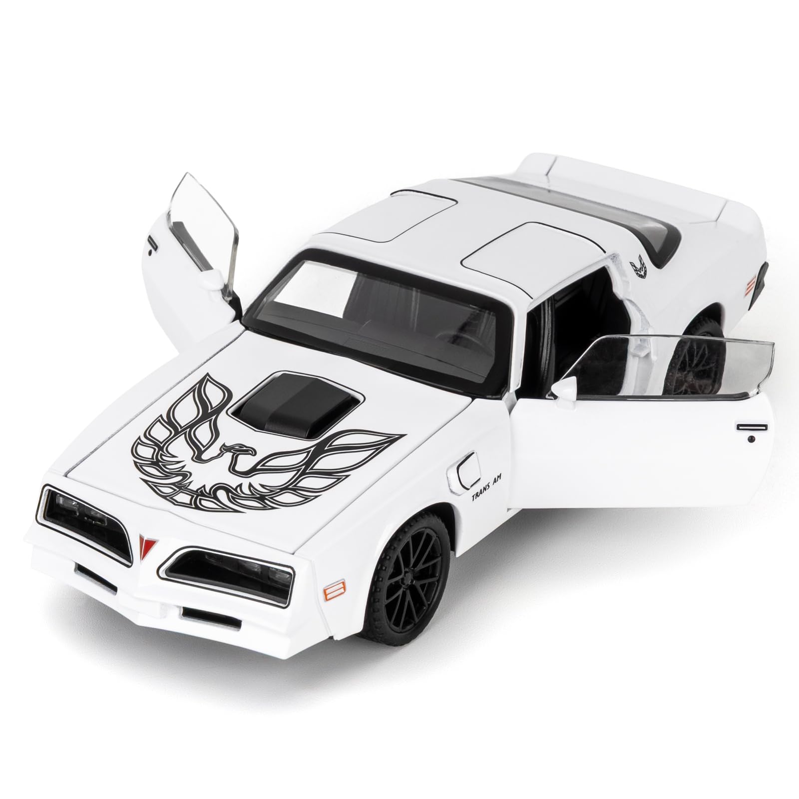BGHSCA 1:32 Pontiac Firebird Trans Am Diecast Model Car, Zinc Alloy Pull Back Toy Vehicle with Sound & Light, Collectible Classic Car Toy, Birthday Gift for Kids & Adult Collectors, White