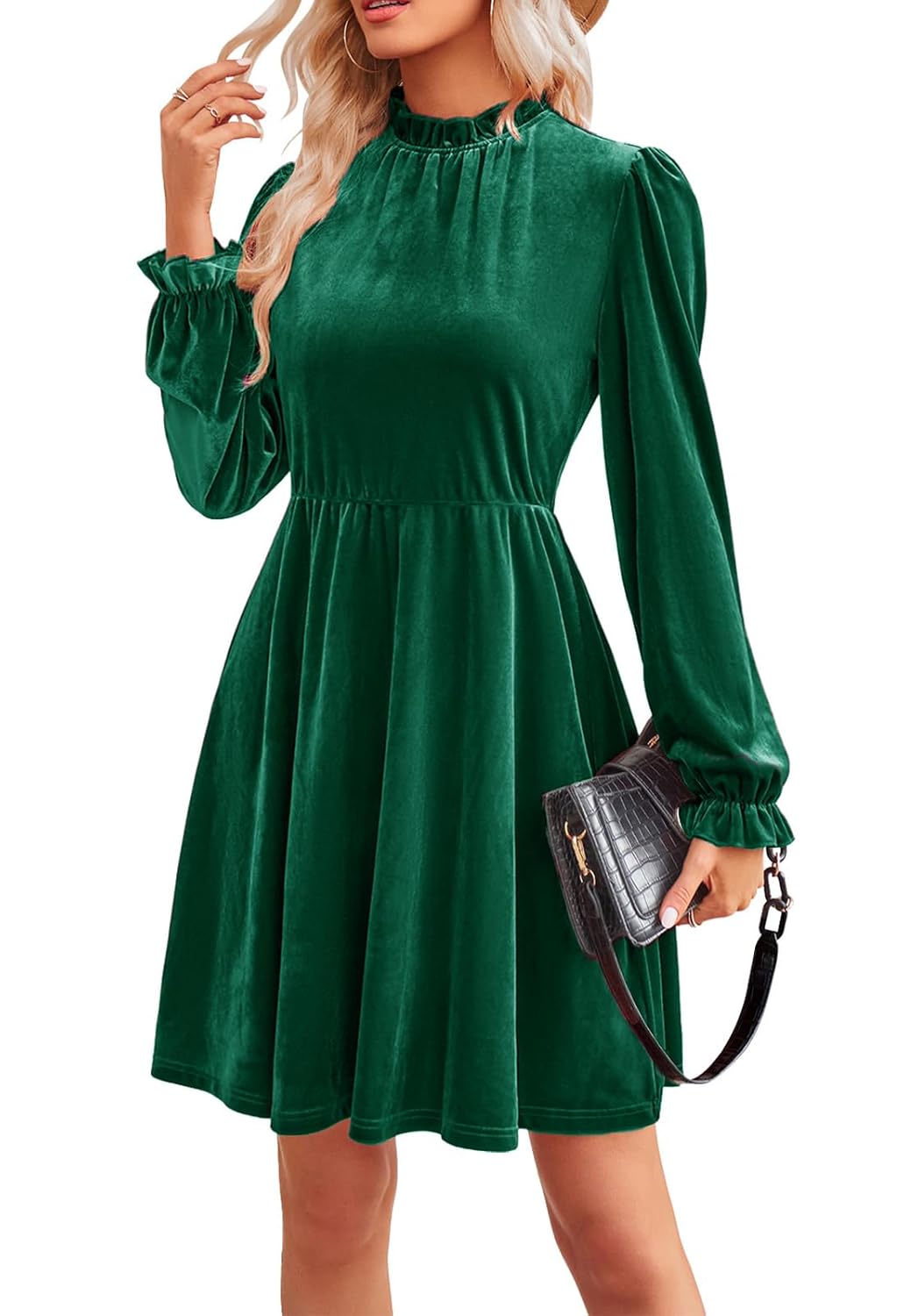 Jayscreate Womens 2023 Velvet Dress Elastic Waistline Fall Long Sleeve Wedding Guest Short Wrap Tunic Formal Dress