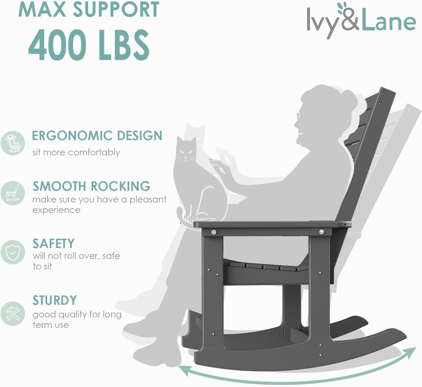 IVY&LANE Outdoor Rocking Chairs Set of 2 | Porch-Rockers | Grey | HDPE Plastic | All-Weather | High Back | Wide Seat | Oversized Patio Rocker for Adult | for Outside Deck Balcony Garden