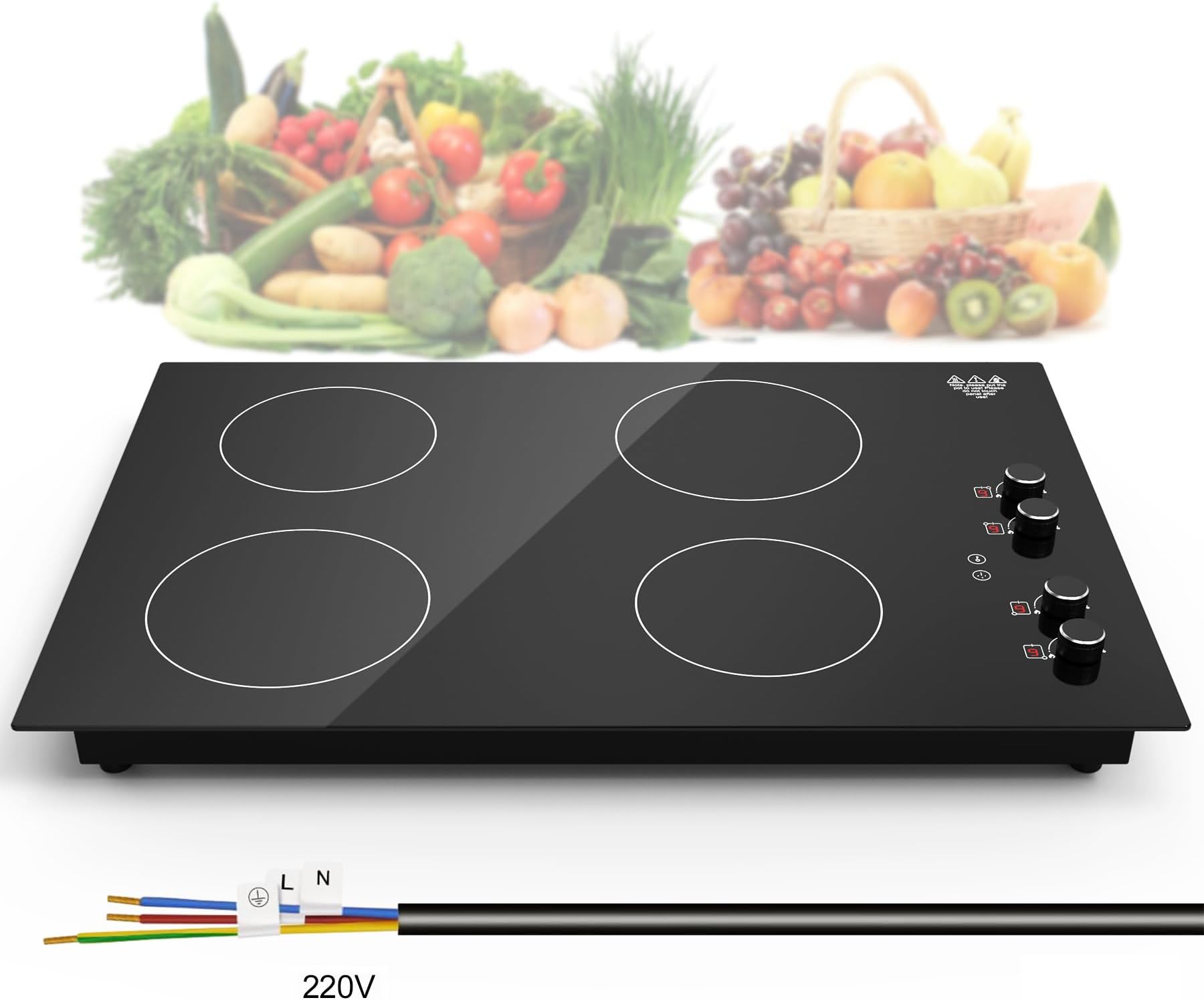 Induction Cooktop 4 Burner, 6000W Built-in & Countertop 4 Burner Induction Cooktop with 9 Power Levels,Child Safety Lock & Timer,Control Knob 30 inch Induction Cooktop 220-240V (No Plug)