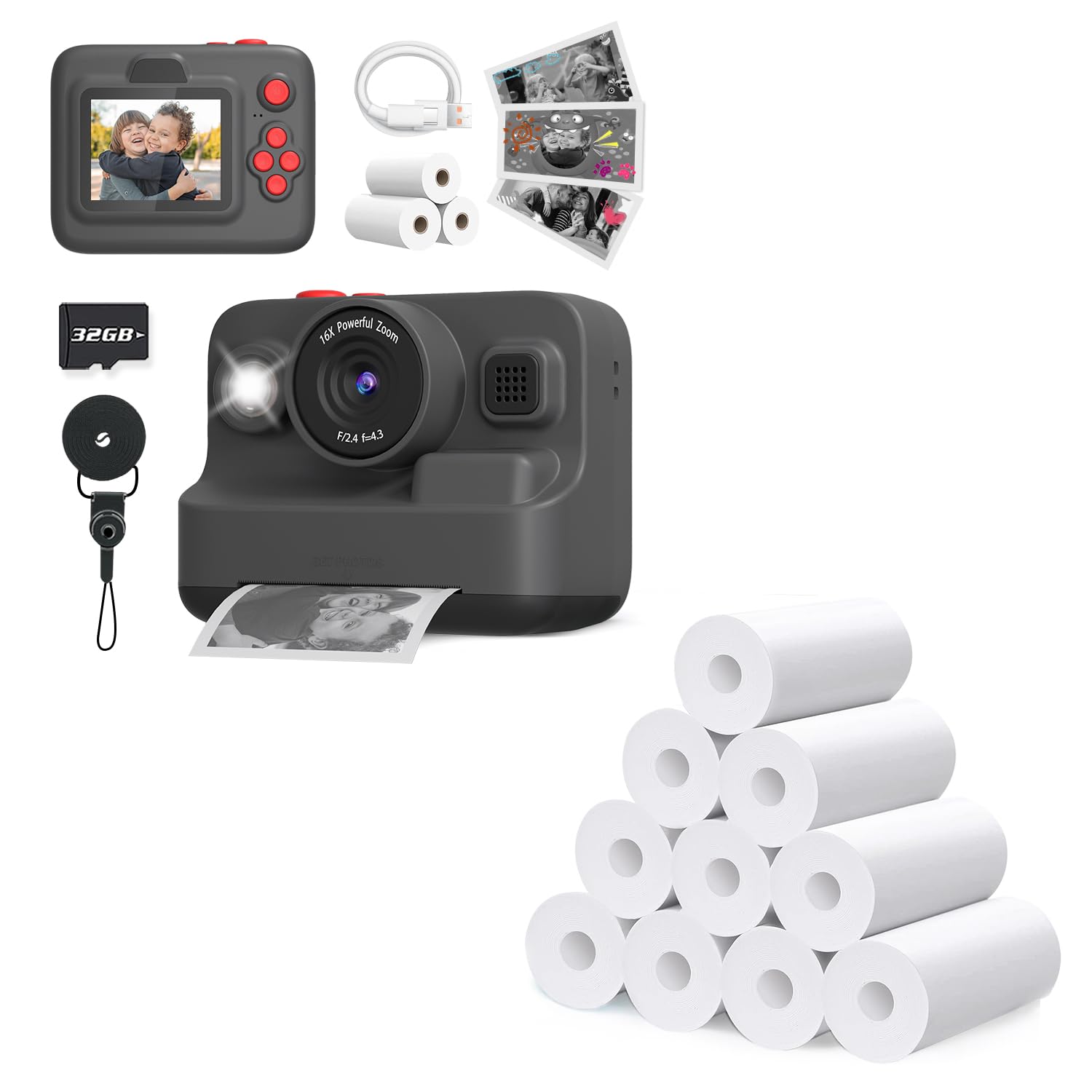 Kids Camera Instant Print,2.4in Screen 1080P Kids Digital Camera Toys with 3 Rolls Print Paper 32G Card + 10 Rolls Print Paper