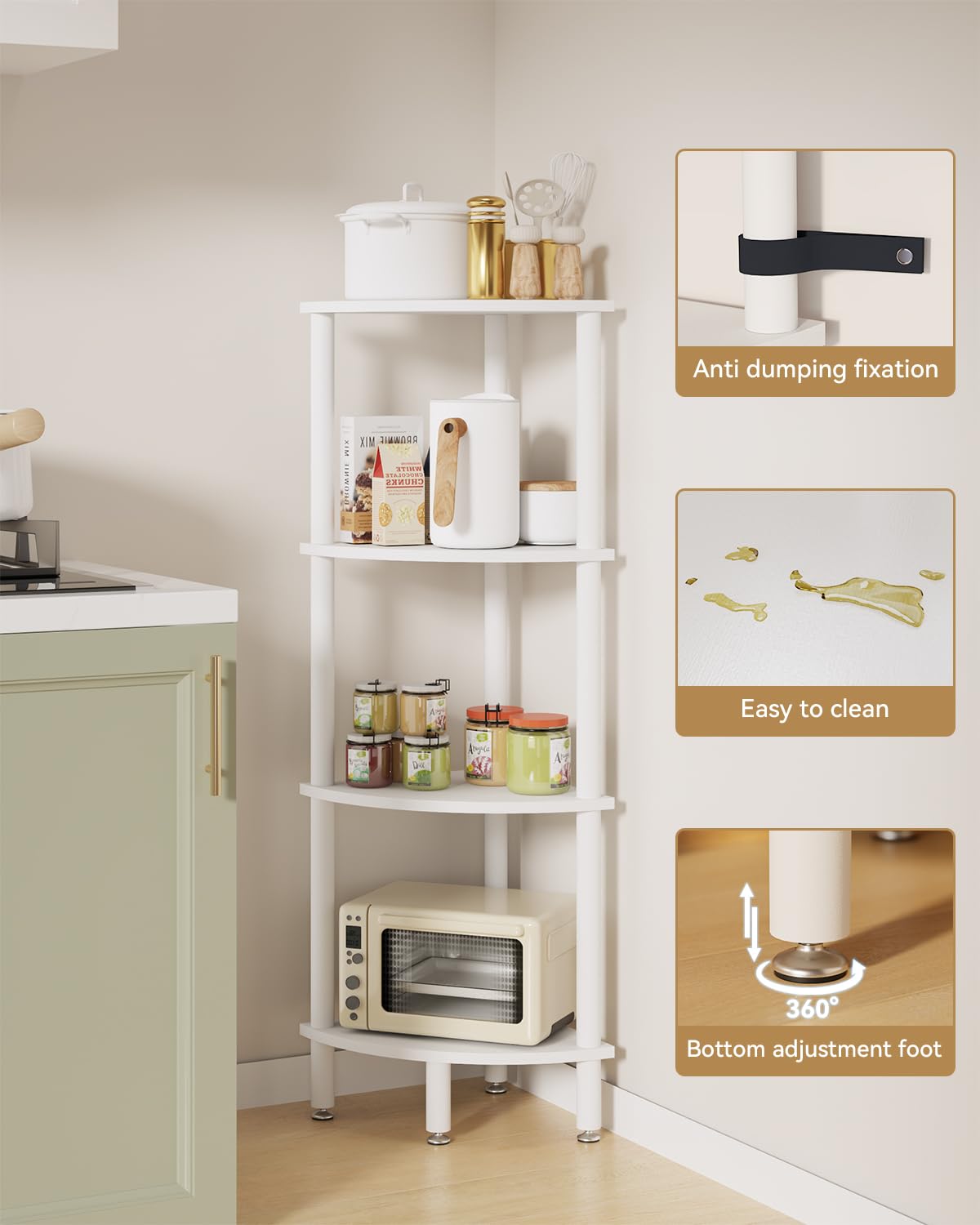 IBUYKE 4 Tier Corner Shelf Stand,Industrial Corner Display Rack,Corner Bookshelf for Living Room, Bedroom, Kitchen, Home Office, White WBC014W