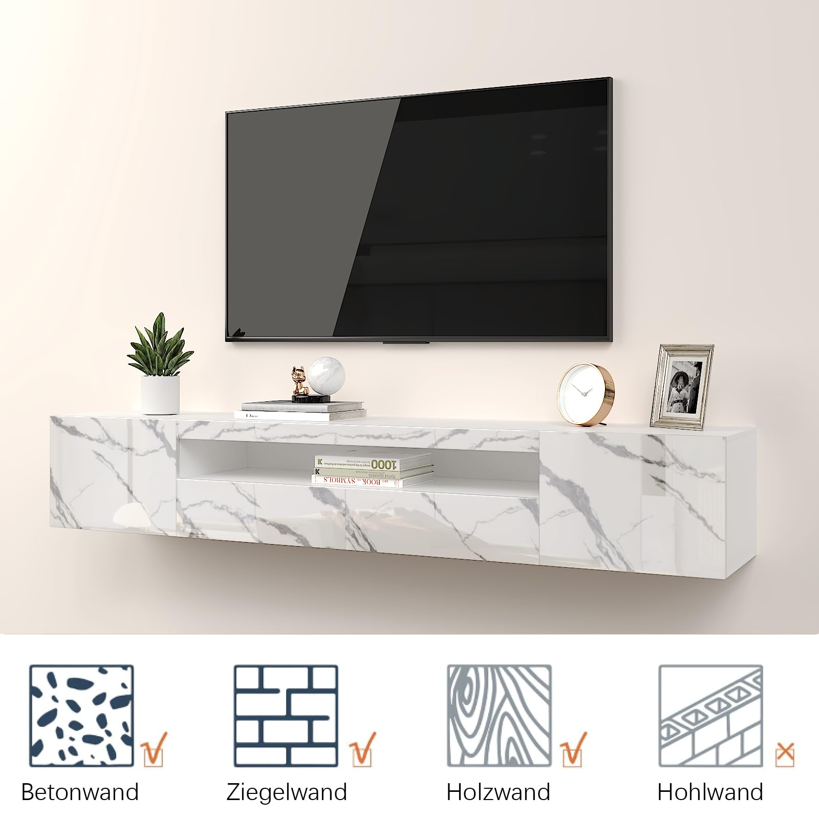 KEEPREAPER TV-Schrank, Lowboard mit LED-Beleuchtung, Fernsehtisch hängend, Fernsehschrank Hochglanz, für Fernseher bis zu 85 Zoll, für Wohnzimmer, 180 x 35 x 30cm (Weiß marmor)