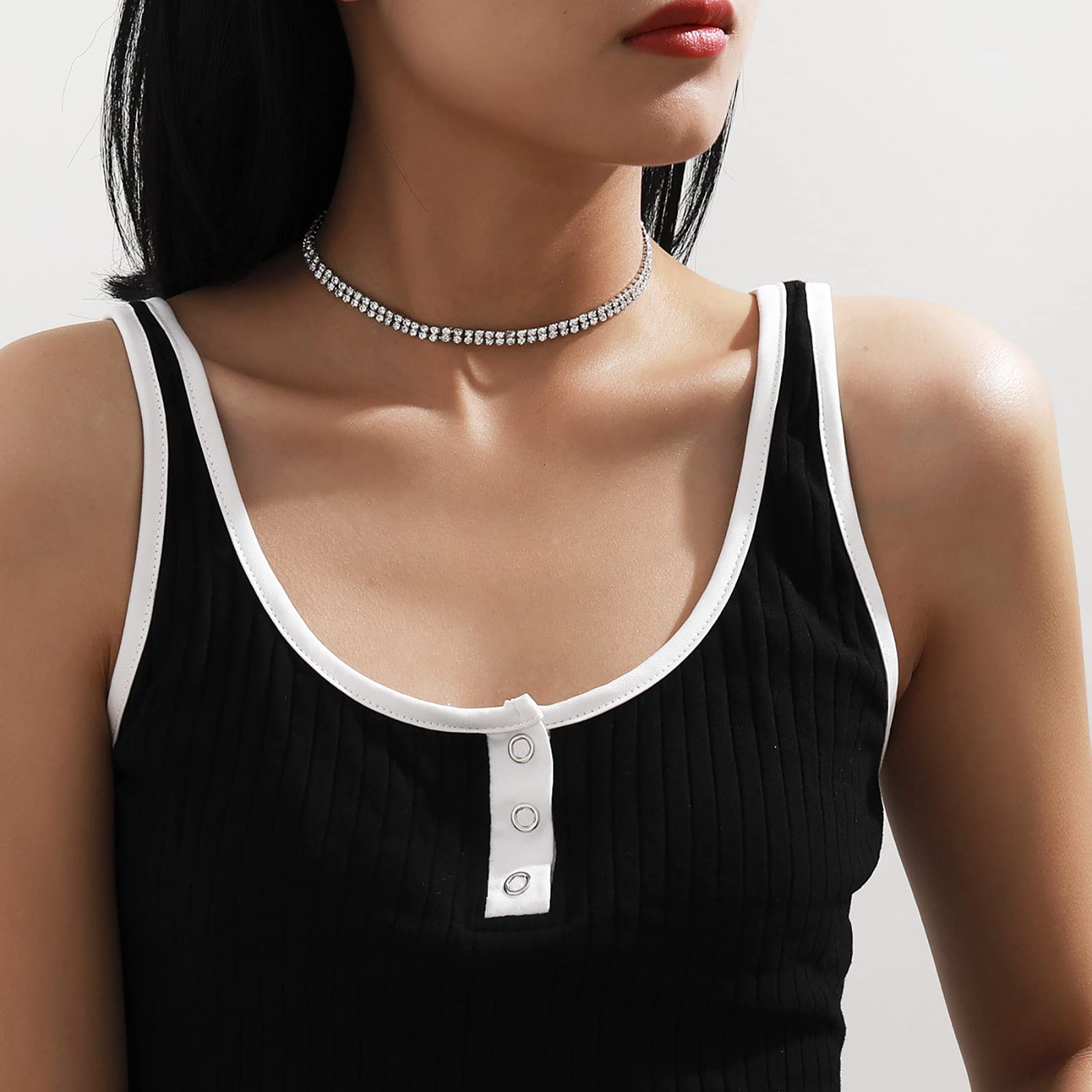 Sethexy Collana Girocollo Con Frangia Di Cristalli E Strass - Argento Scintillante Per Discoteca, Feste E Nozze