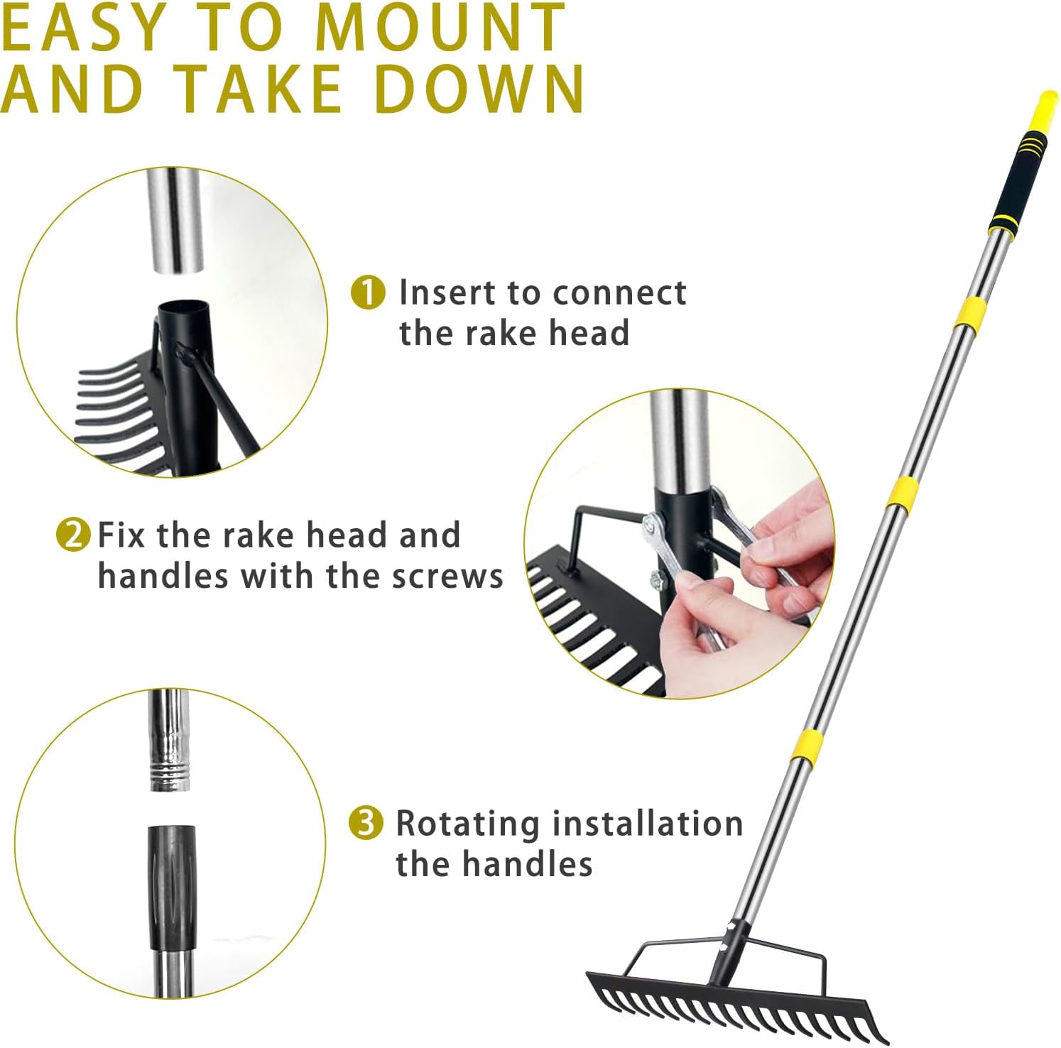 5.4FT Heavy Duty Garden Bow Rake with Stainless Steel Handle, 17 Tines Metal Head for Soil Loosening, Leaf Gathering, and Lawn Leveling (Black+Metallic Silver)