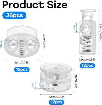 36PCS Spring Cord Lock, Plastic Cord Locks for Drawstrings Spring Toggle Stopper Cord Adjuster Shoelace Fastener Lock
