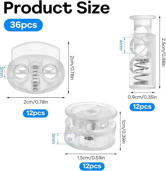36PCS Spring Cord Lock, Plastic Cord Locks for Drawstrings Spring Toggle Stopper Cord Adjuster Shoelace Fastener Lock