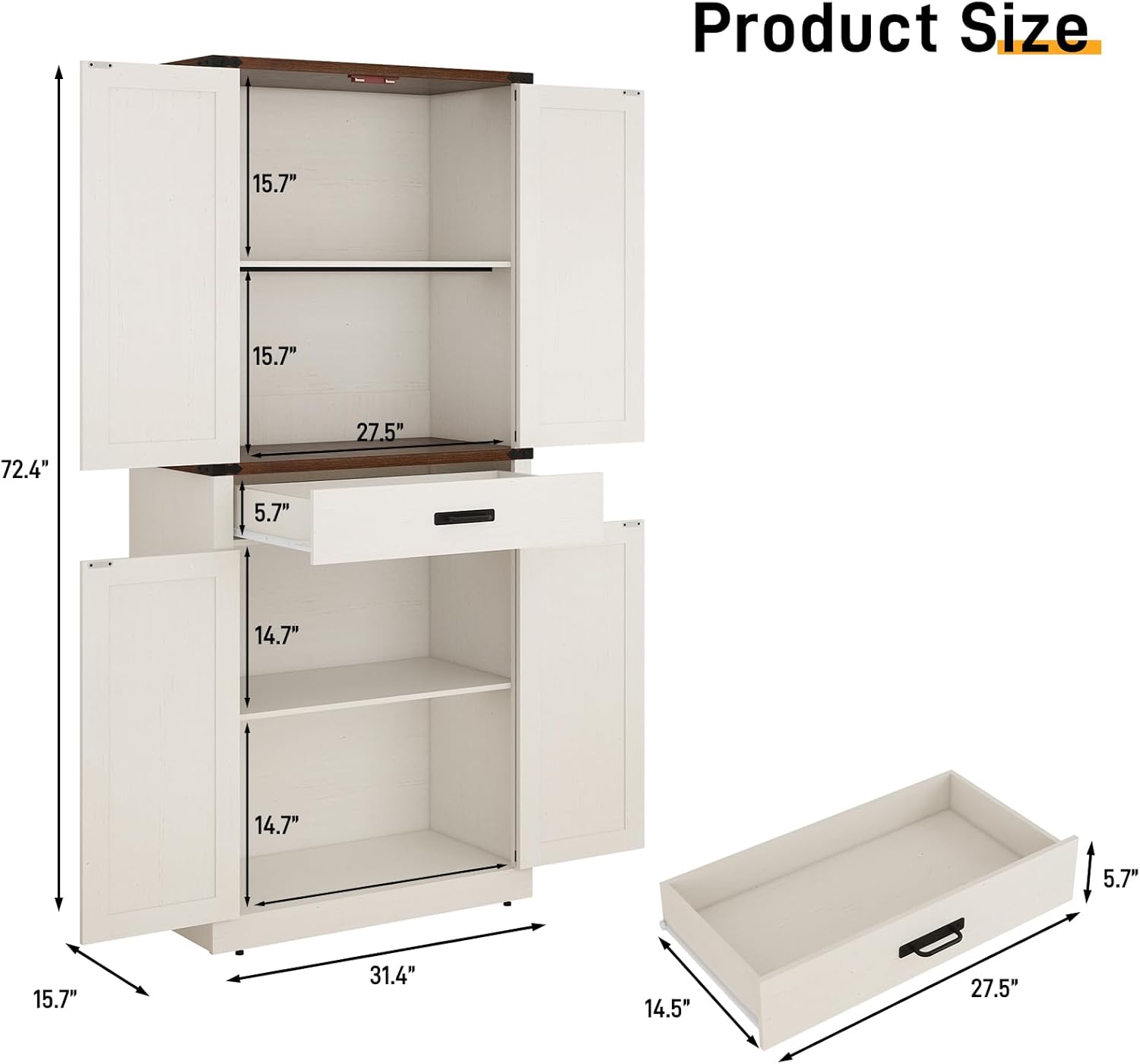 Dimensions of the Hlivelood 72 inch Tall Farmhouse Kitchen Pantry Cabinet