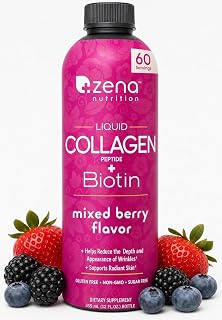 Zena Nutrition Liquid Collagen for Women, with Biotin, Hair, Skin & Nail Supplement [ 60 Servings ] 2500mg Verisol Bioactive Collagen Peptides, 5000mcg Biotin, Mixed Berry, 20 fl oz