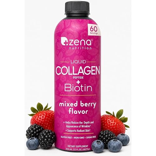 Zena Nutrition Liquid Collagen for Women, with Biotin, Hair, Skin & Nail Supplement [ 60 Servings ] 2500mg Verisol Bioactive Collagen Peptides, 5000mcg Biotin, Mixed Berry, 20 fl oz