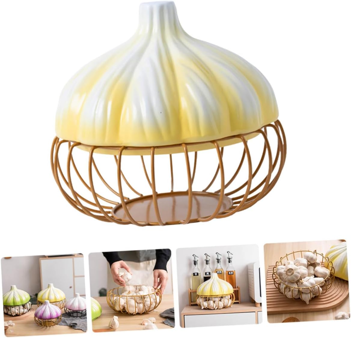 Hemobllo Multi-Function Garlic Holder Lid Ceramic Onion and Egg Basket Iron Storage Basket for Kitchen Supplies Convenient Garlic Keeper for Cooking