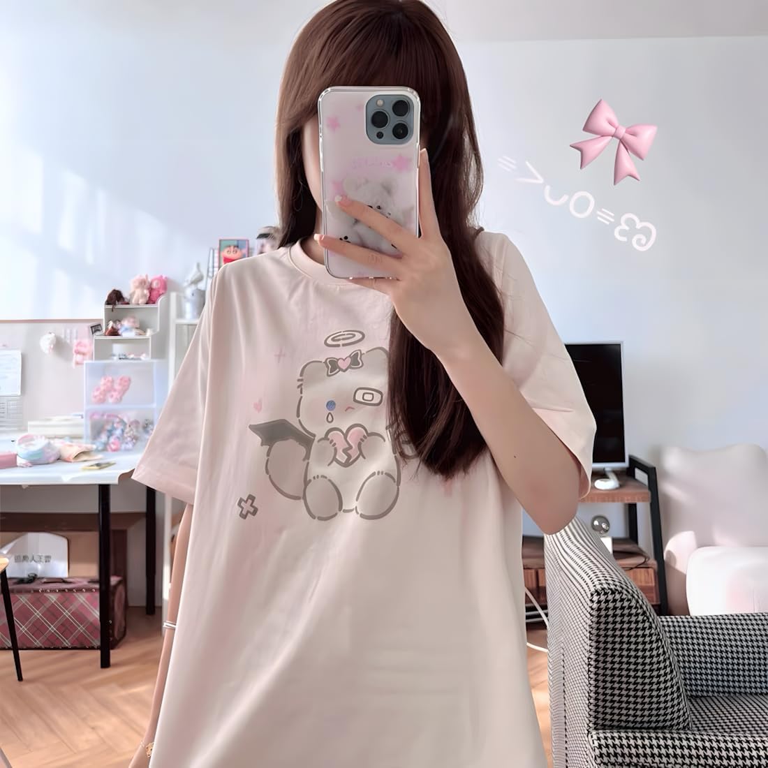 Harajuku Kawaii Fashion Casual Style Crew Neck Short Sleeve Cute Cartoon Angel Kitty Graphic Print T-Shirt - Image 2