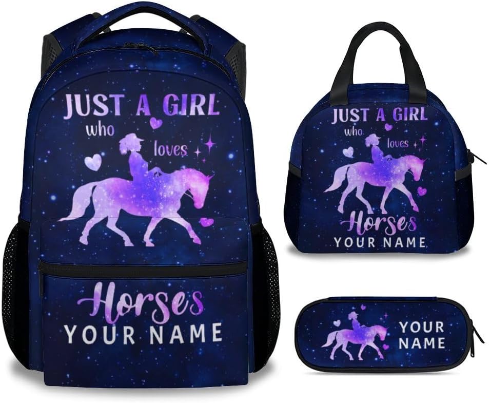Custom Kids Backpack with Lunch Box, Set of 3 Horse School Backpacks Matching Combo for Girls, Aesthetic Green Bookbag and Pencil Case Bundle
