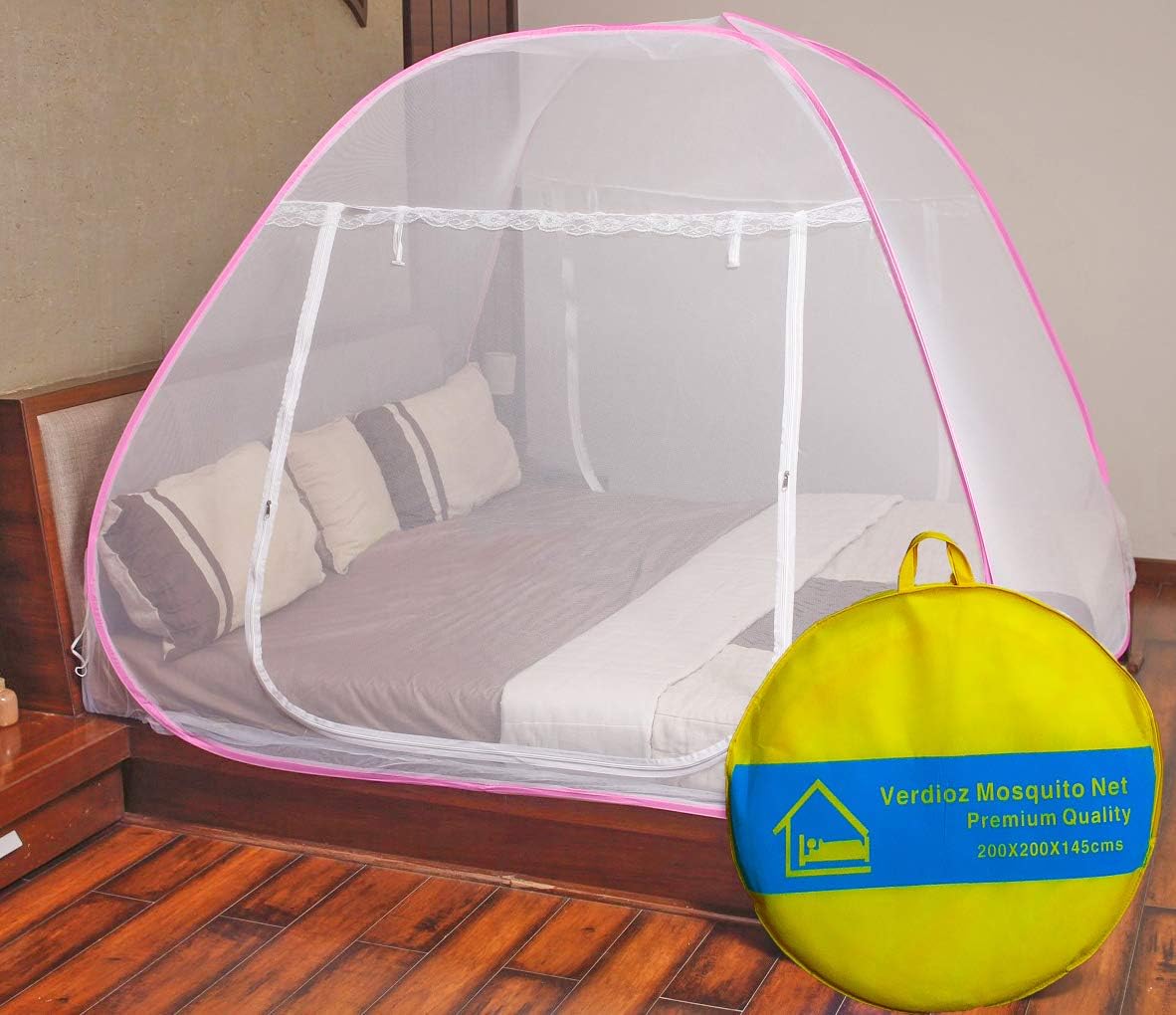 VERDIOZ Double Bed Mosquito Net Machardani Foldable for Adult | Kids | Baby, Corrosion Free Steel Wire, 30 GSM Bright White Double Yarn Net with Saviour Kit -(King Size, 200X200X145 Cm, Pink)