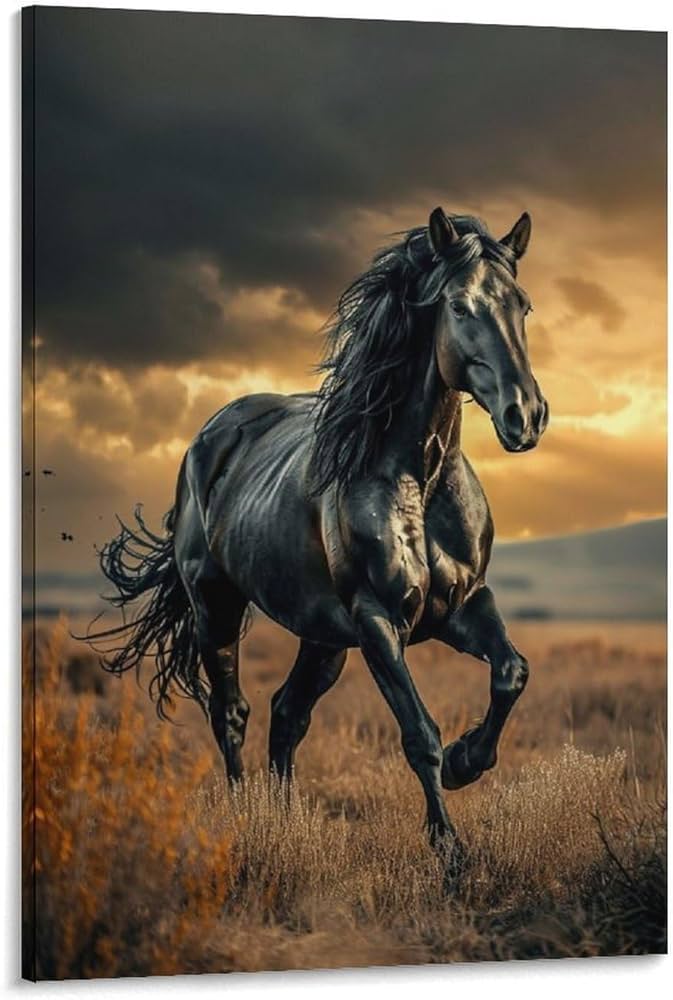 Amazon.co.jp: 絵画 黒い馬が草原を疾走するインテリア 絵画 動物