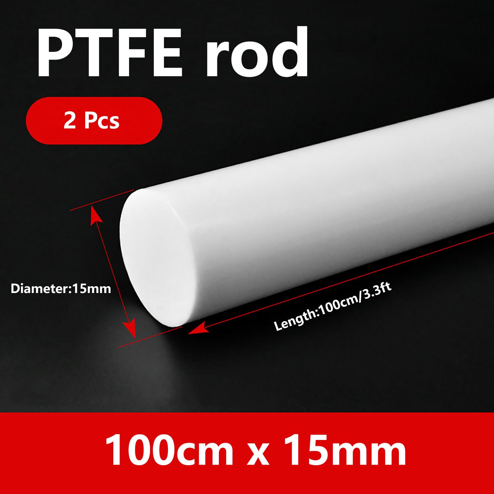 Varilla de PTFE, paquete de 2, barra redonda sólida de 100cm, varillas de plástico reutilizables de 5-15mm de diámetro(15mm)