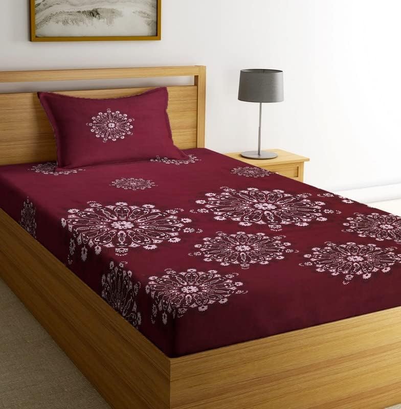 Image of KAWI Single Bedsheet Elastic Fitted Glace Cotton with 1 Pillow Cover,200 TC (Size 72X48X up to 8 Inches Mattress) - Maroon Print