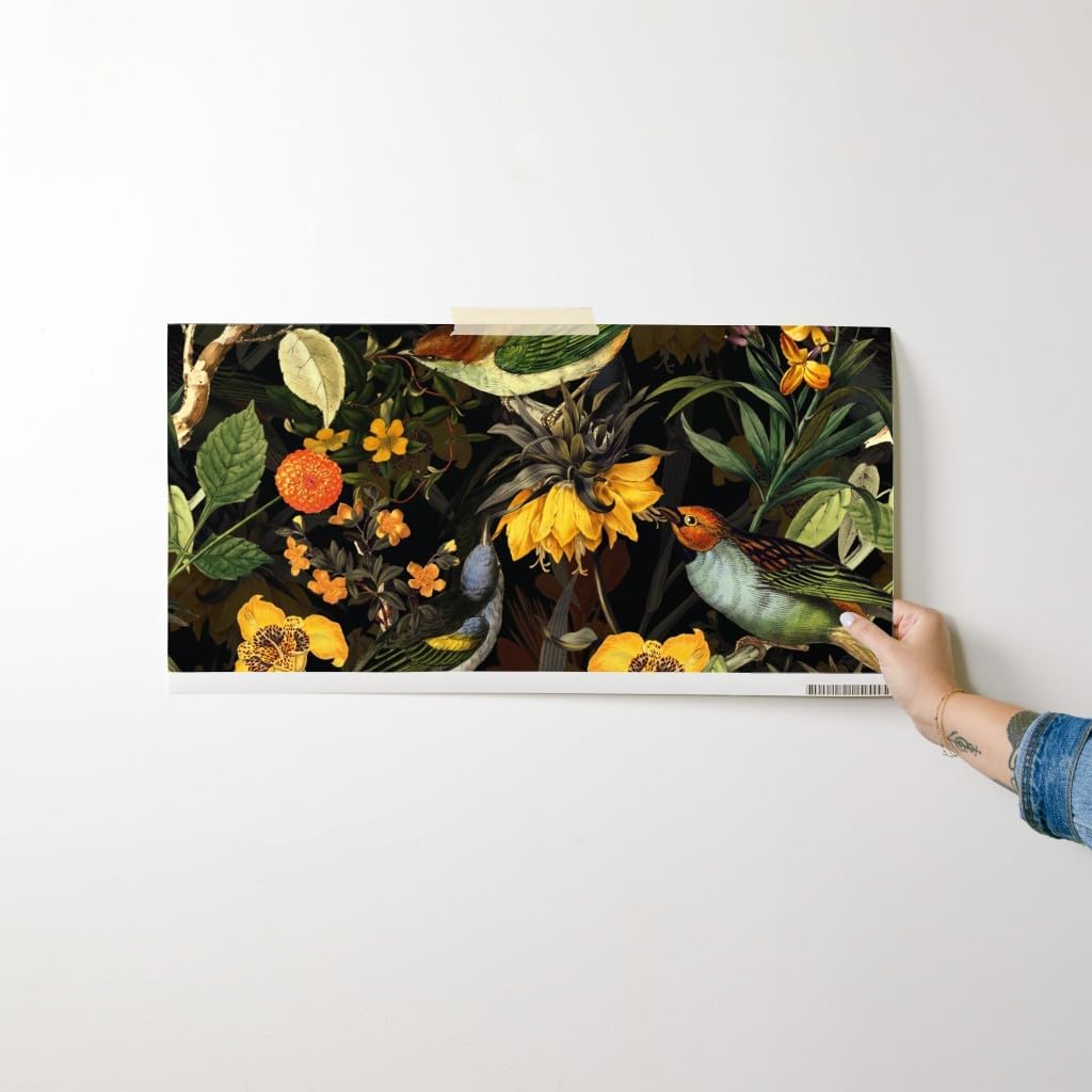 Removable Wallpaper Swatch - Redout√© Antique Birds Flowers Black Nature Tropical Flora Summer Custom Pre-Pasted Wallpaper by Spoonflower