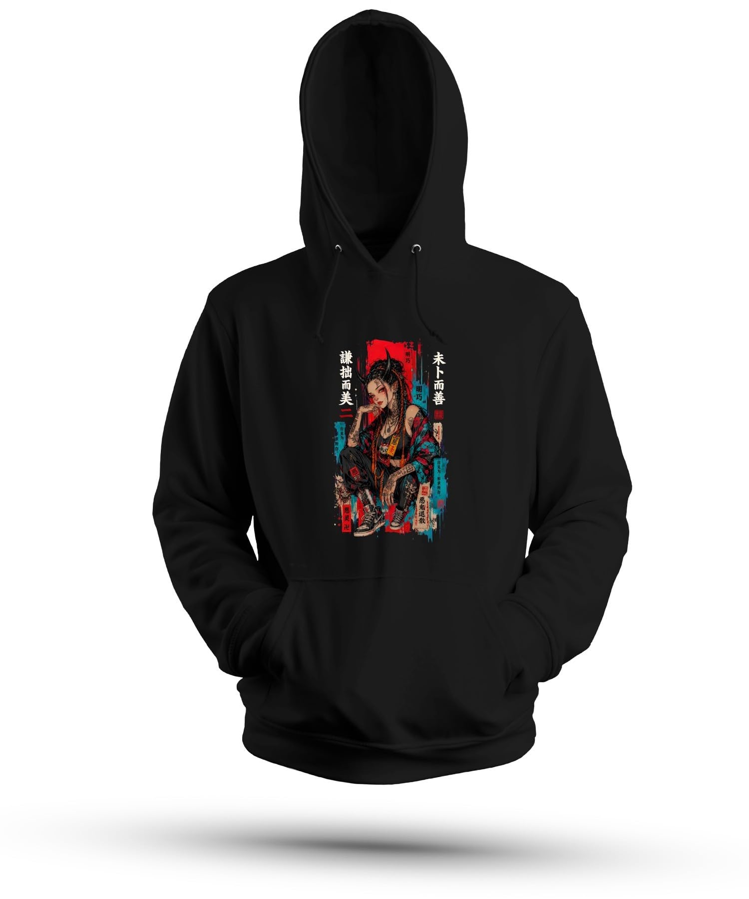 Oni Anime Dziewczęca Japonia Y2K bluza z kapturem | Kanji Demon Kaligrafia Tatuaż Sneaker Kimono Otaku Harajuku Cosplay Sztuka Prezent Styl uliczny
