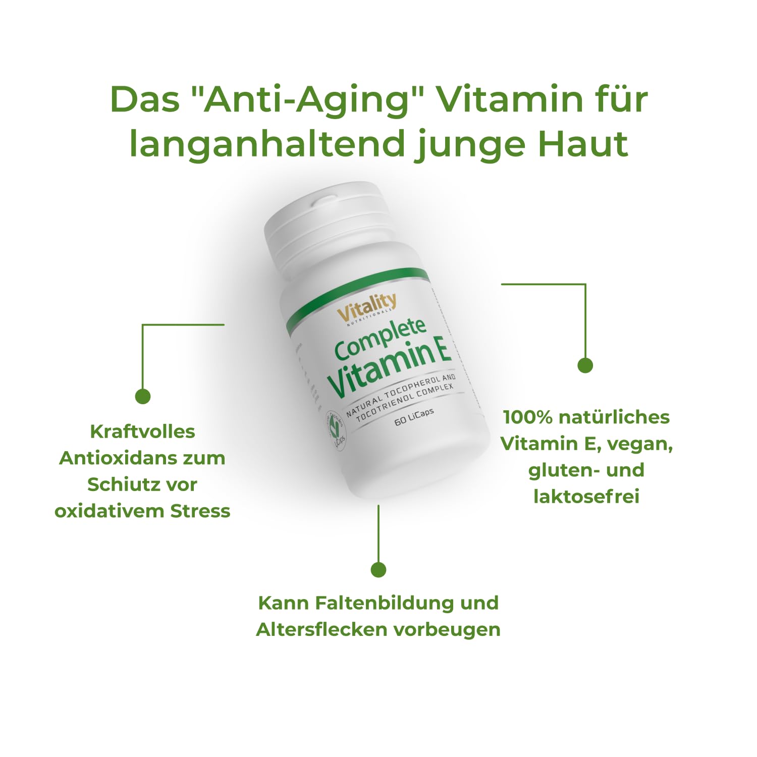 Complete Vitamin E Kapseln I Natürliches D-Alpha-Tocopherol und Tocotrienol mit hoher Bioverfügbarkeit (60 Stk) Antioxidans für Haut Haare Augen Muskeln Vitality Nutritionals by VitaminExpress