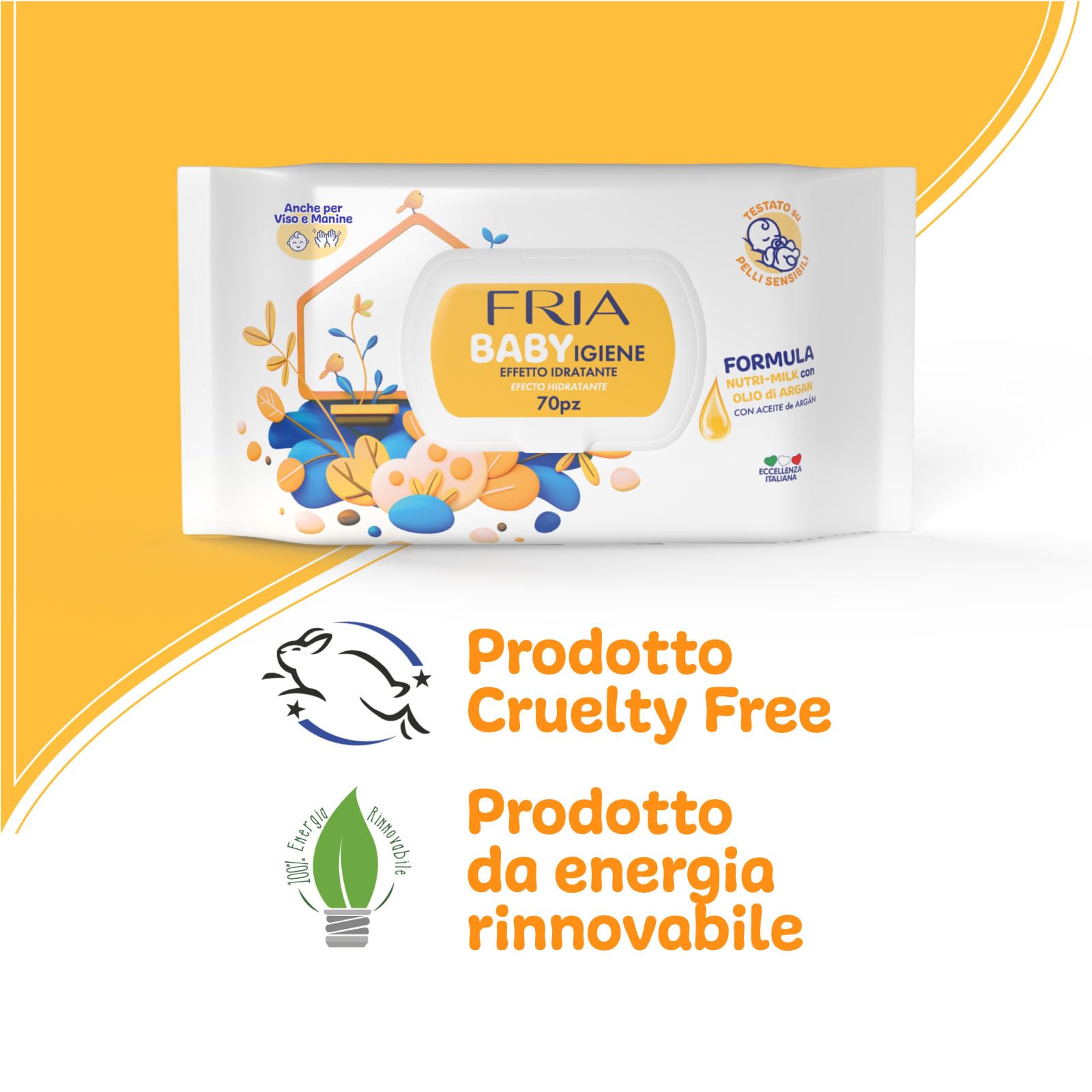 Fria Baby Salviette per Cambio Pannolino con Olio di Argan e Nutrimilk, Idratanti, 70 Pezzi