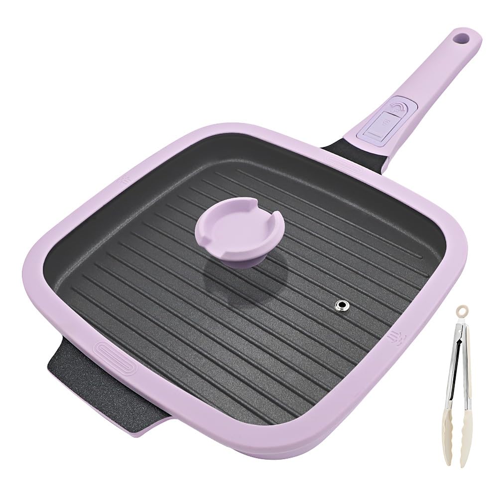 Griddle Pan with Lid, 26 x 24 cm Cast Aluminium Non Stick Steak Pan, Purple
