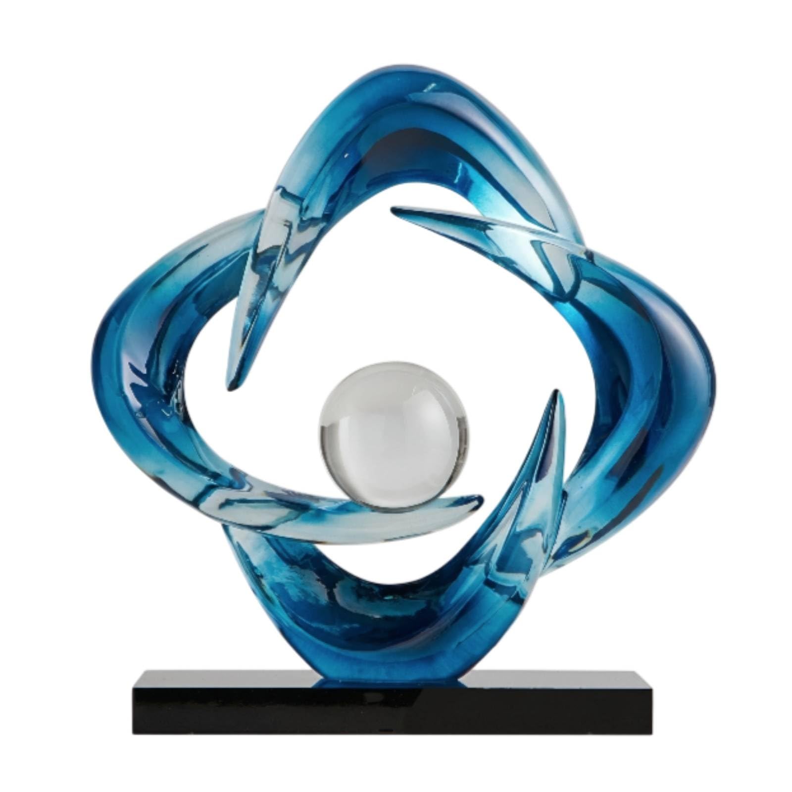 rockible Vier-Schleifen-Ringornament glänzend Tischskulptur mit Sockel dekorativ Wohndeko für Wohnzimmer, Büro, Transparentes Blau