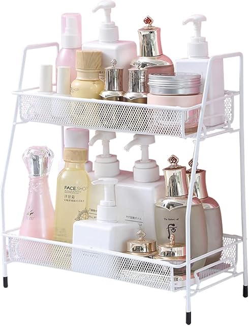 2-Tier Kitchen Spice Rack Organizer, Stepped Metal Kitchen Storage Basket Can Removable Storage Organizer Holder for Spice Jar, Can, Bottle, Cosmetic Storage Rack (36*14*33 cm, White)