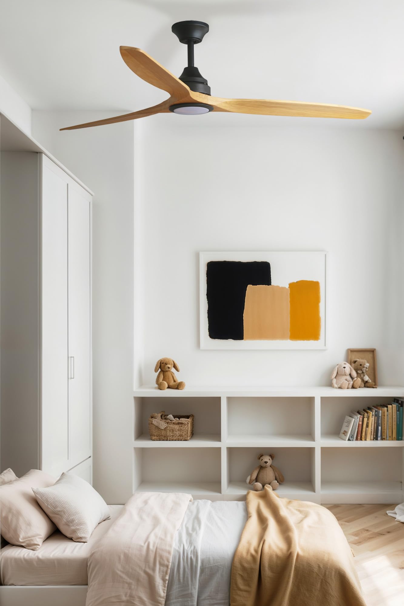 Faro Alo Grand ventilateur 3 lames noir mat, bois avec éclairage 2700-4000 - 6500 K, système intelligent Tuya