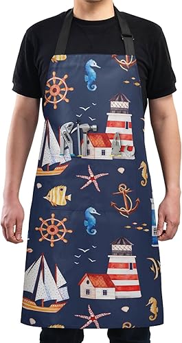 Miniatura 4 de Delantales de faros de ancla de mar para mujeres y hombres con bolsillos, delantal de cocina impermeable, delantal de cocina suave para jardinería