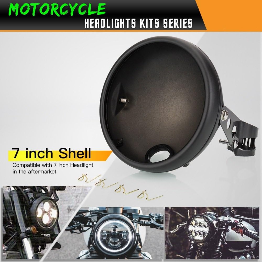 Dirt Bike Reflektor Reflektory motocyklowe Bucket Shell 7” 7-calowa osłona reflektora motocyklowego do obudowy reflektora LED z regulowanym uchwytem montażowym(Black)