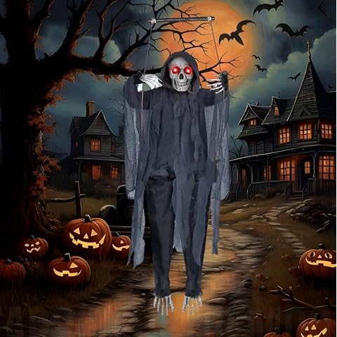 4.6 Ft Scary Halloween Decorations Outdoor Hanging Creepy Skull with Sound Sensor and Scary Noises, Spooky Skull Head Light Up Eyes Haunted House Prop Decoration, Giant Indoor and Outdoor Party Decor Cover