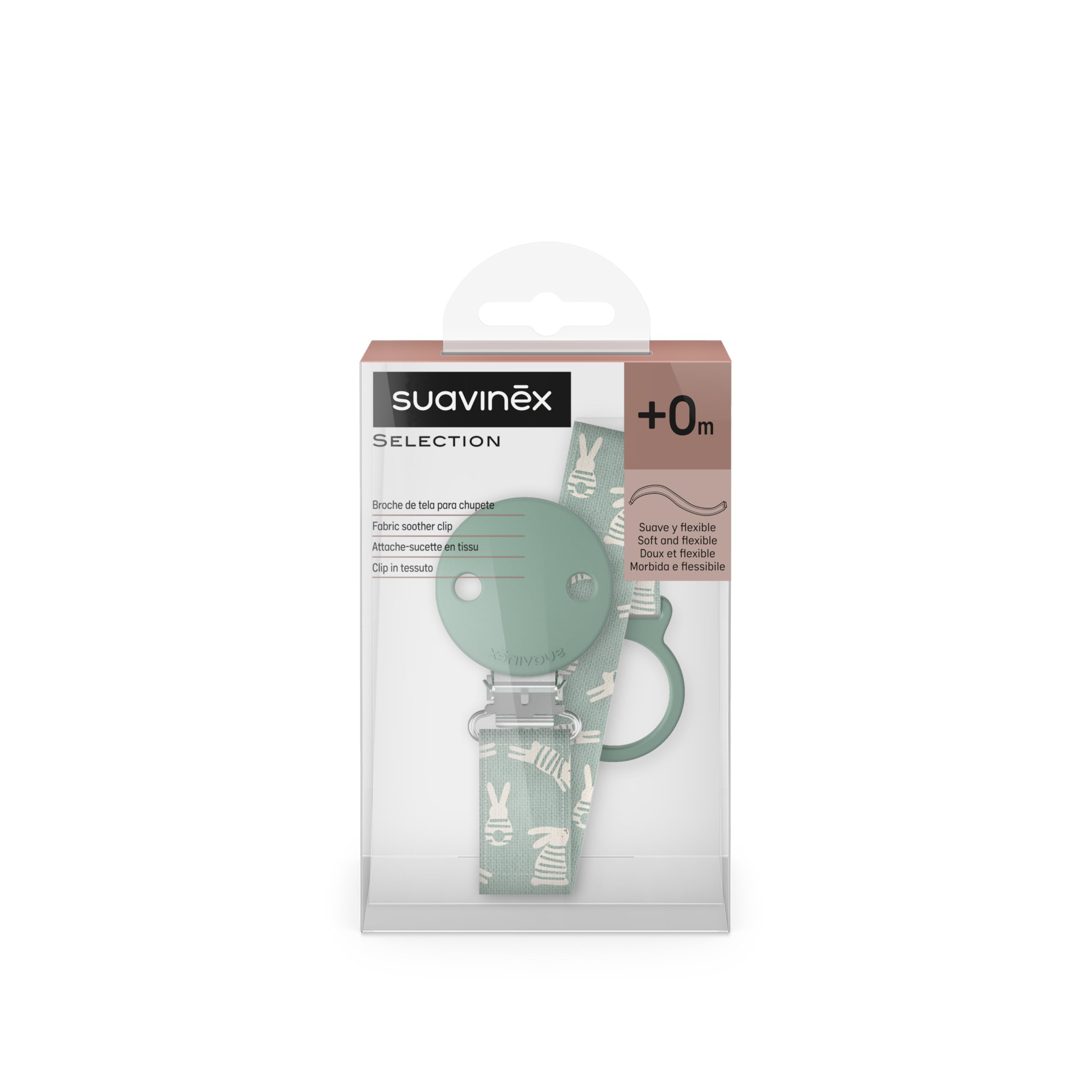 Suavinex, Portaciuccio in tessuto per neonati, Nastro con disegno double-face, Catenella per ciuccio, Clip con fermaglio, per ciucci con anello. +0 mesi, adatto ai neonati, Wonder Coniglietti Verde - 4