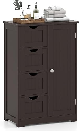 Miniatura 10 de Giantex Armario de baño, armario de almacenamiento independiente con 1 puerta y 4 cajones, estante ajustable de 3 niveles, sistema anticaído,