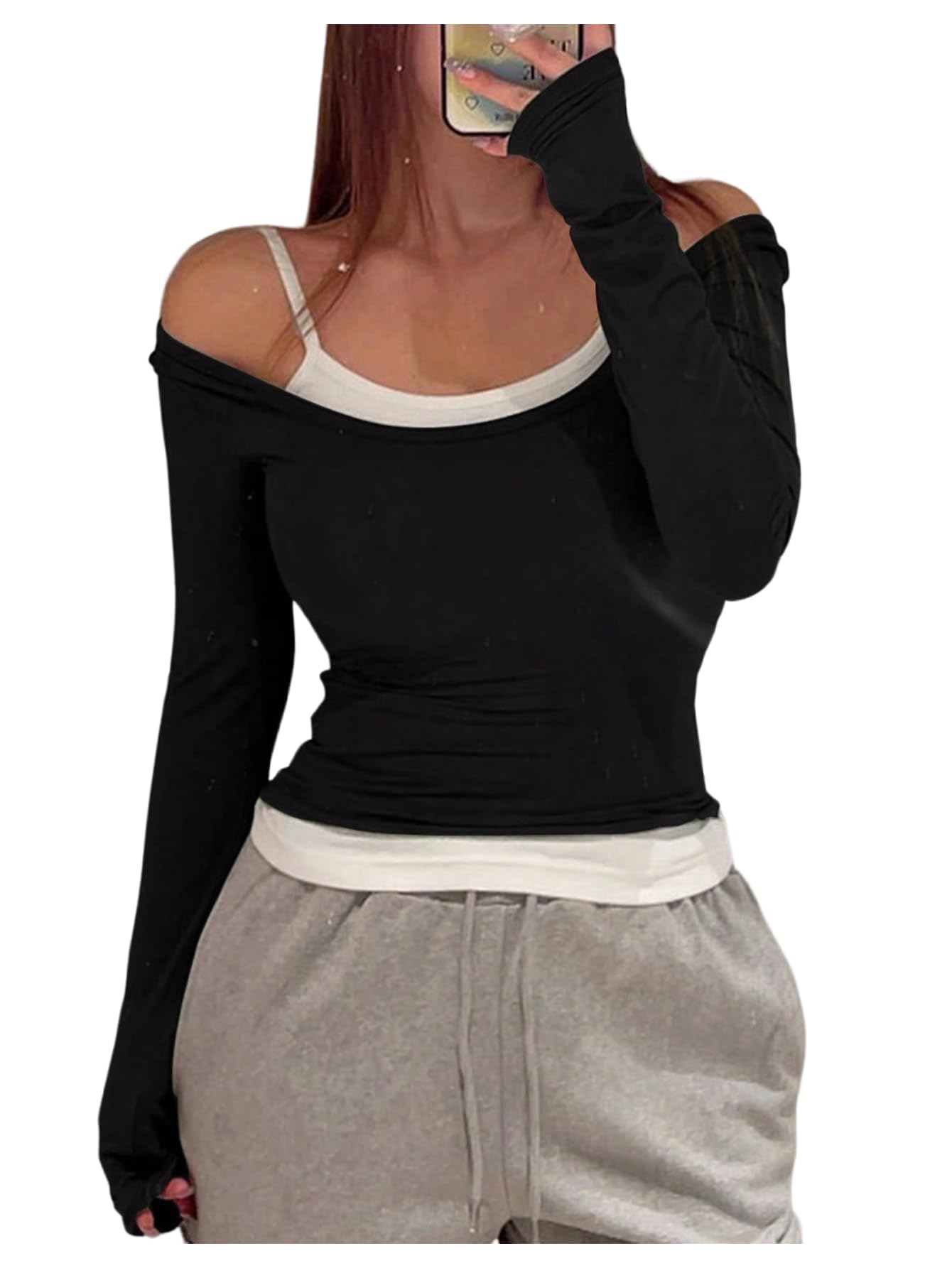 WDIRARA Women's 2 Piece Tees Scoop Neck Long Sleeve T Shirts Going Out Fitted Tops