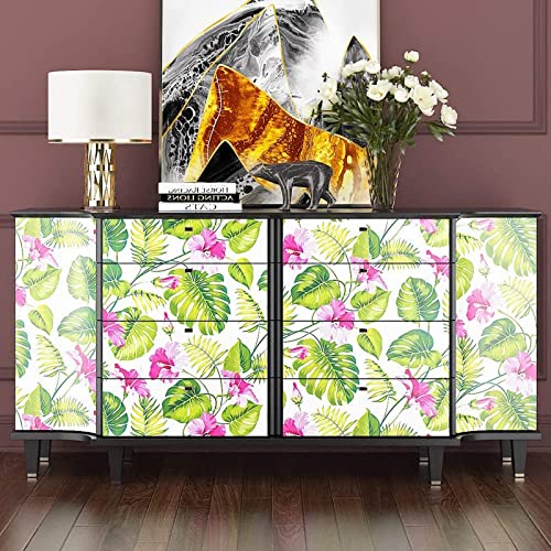 Tropical Floral Wallpaper Peel And Stick Flowers Contact Paper Red Flower And Green Leaf Wallpaper For Bedroom Removable Decorative Self Adhesive Shelf Liner 17.7"×118" #TOP4