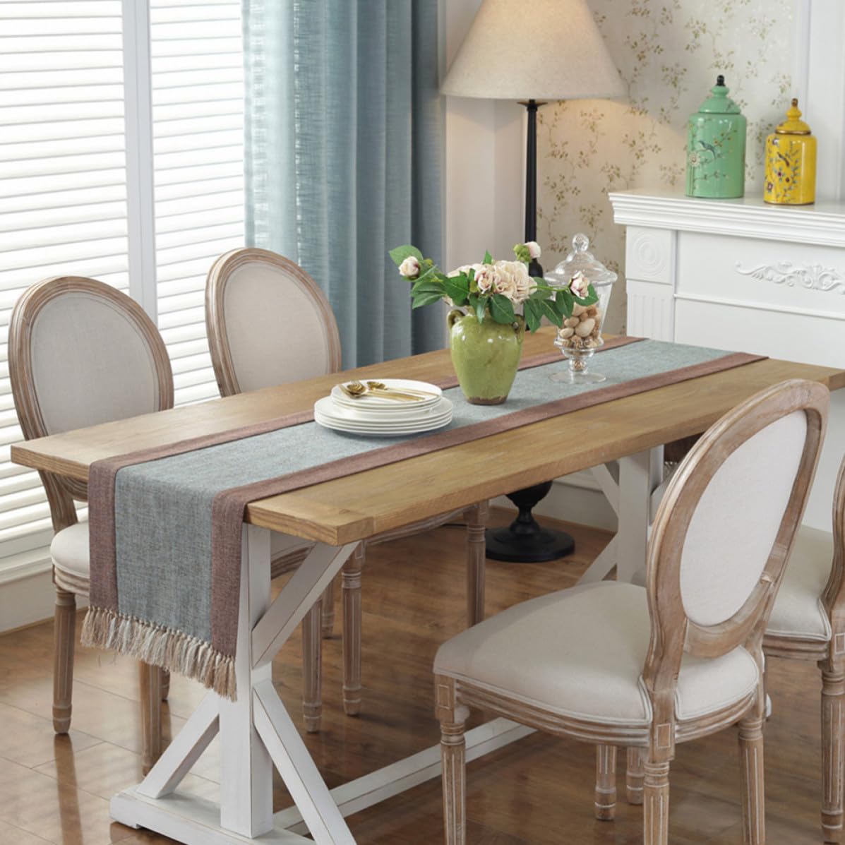 Sosoport Runner da Tavola Frange 220cm in Cotone Blu per Casa