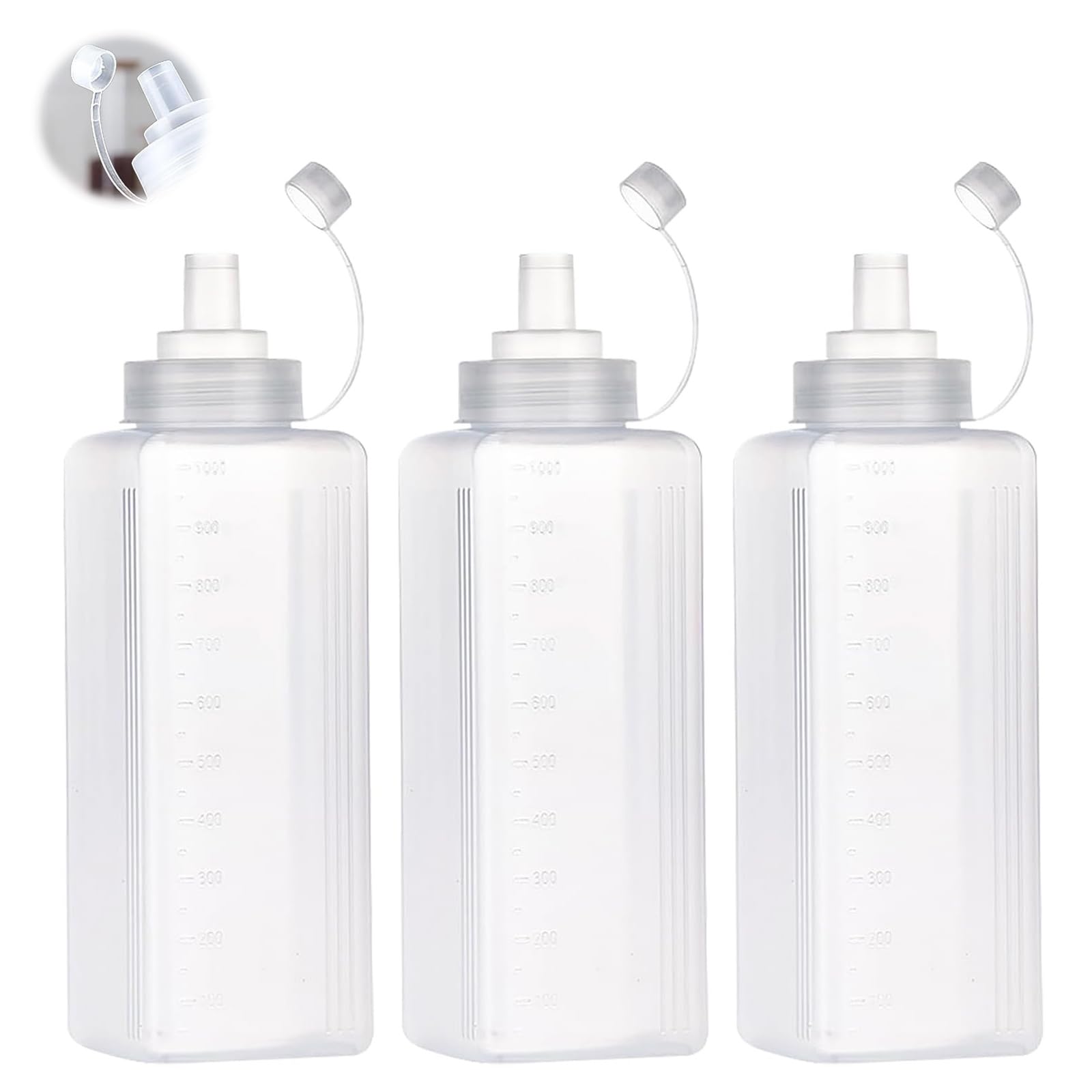 Set di 3 bottiglie Squeeze, bottiglie in PE con scala graduata, a tenuta stagna, ideali per ketchup, olio barbecue, cottura al forno e campeggio (1000ML)