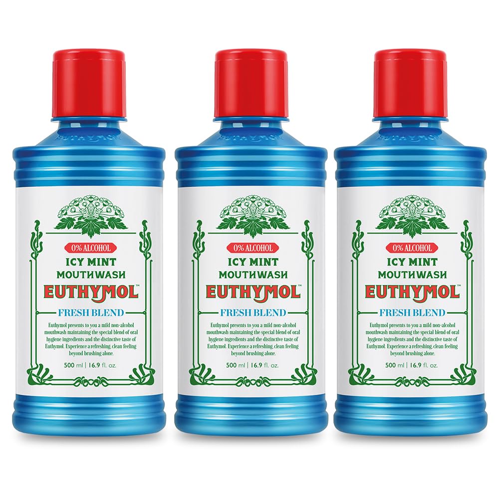 Euthymol Mouthwash ICY Mint 500ml x 3, Contains Flouride Alcohol-Free, Distinctive Strong Taste Flavour, Reduce Plaque Gingival Clean Healty Teeth Gums, Freshens Breath Refreshing Oral Dental Care