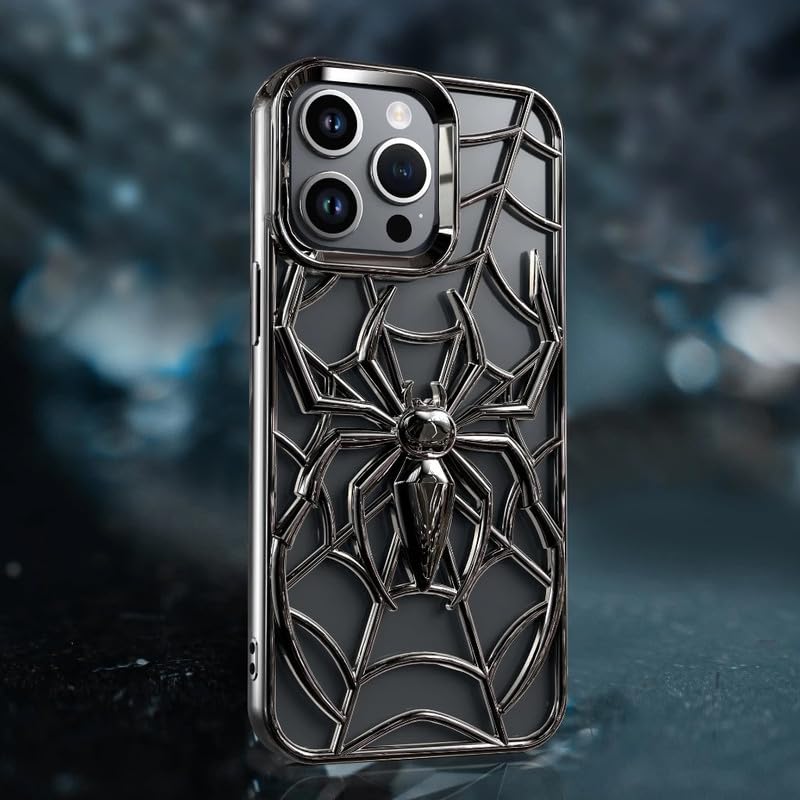 Image of COVERLY for iPhone 15 Pro Max Spidey Web Silicone 3D Cartoon Clear Phone case, Full Protection Minimal Hollow Out Electroplated Heat Dissipation Mobile Back Cover for Apple iPhone 15 Pro Max (Black)