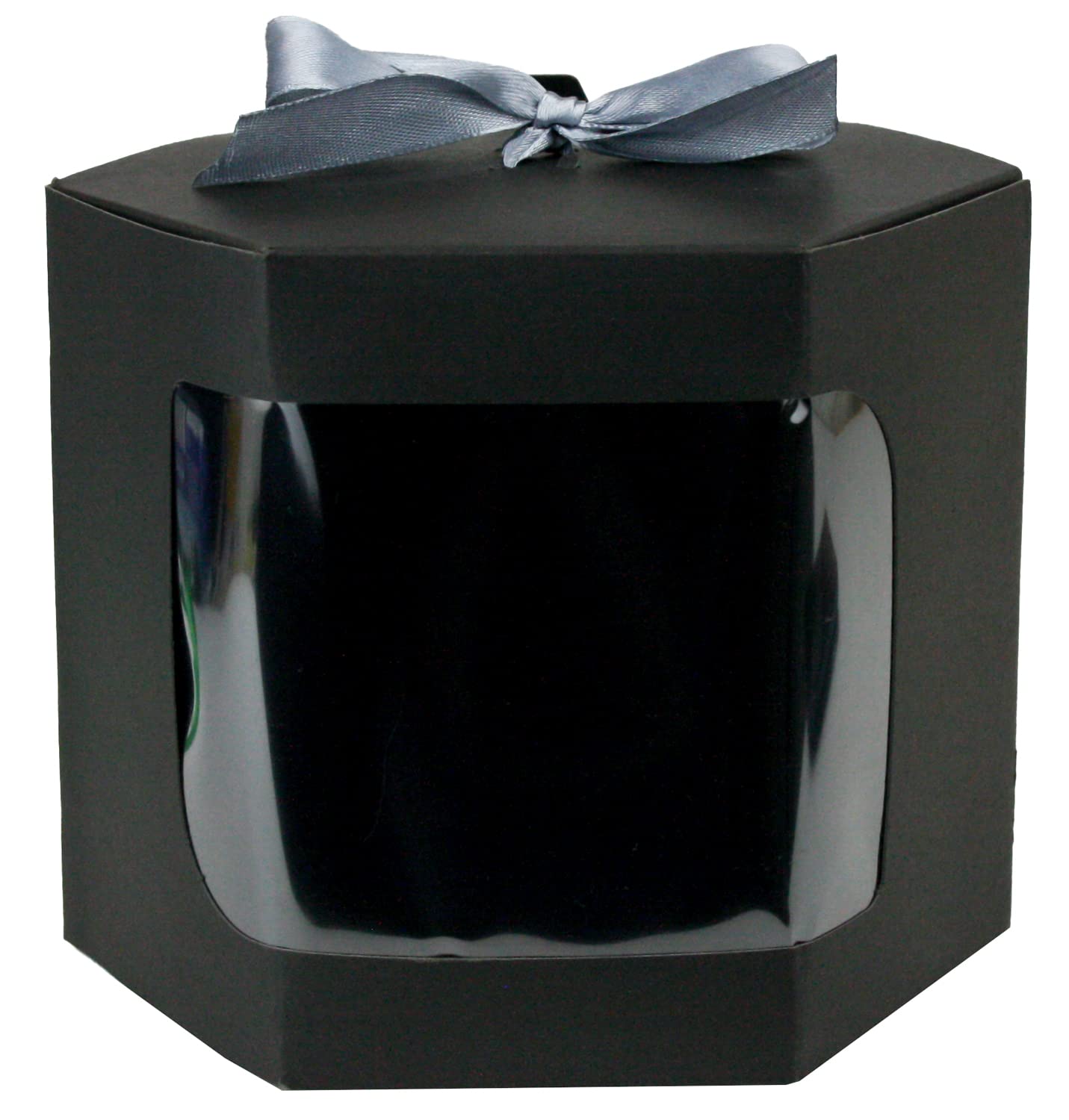 Emartbuy Strong Paper Stand Up Hexagon Gift Bag, 10 cm x 10 cm x 12 cm, Black Kraft Bag Cupcakes Cookies Muffin Pie Box with Clear Window and Grey Ribbon - Pack of 96