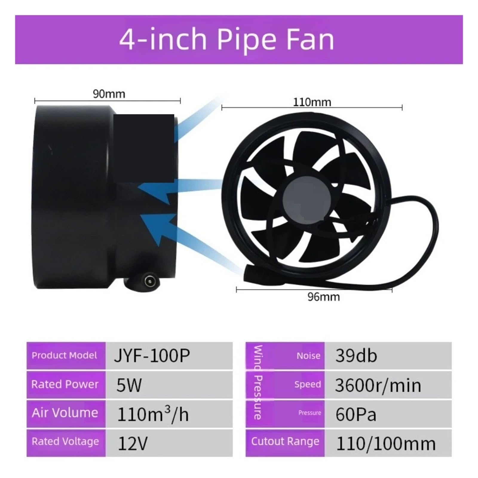 Mocny Wentylator Wyciągowy 12 V, 100 Mm-110 Mm Do Użytku Domowego I Zewnętrznego, Zasilany Panelem Słonecznym V/zasilaczem OszczęDza Energię(Air outlet)