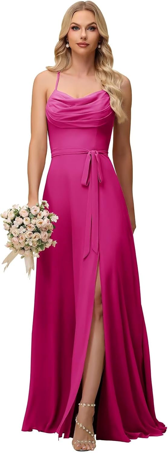 Wchecalino Cowl Neck Bridesmaid Dresses for Women A Line Chiffon Ruched Long Formal Evening Dress with Slit
