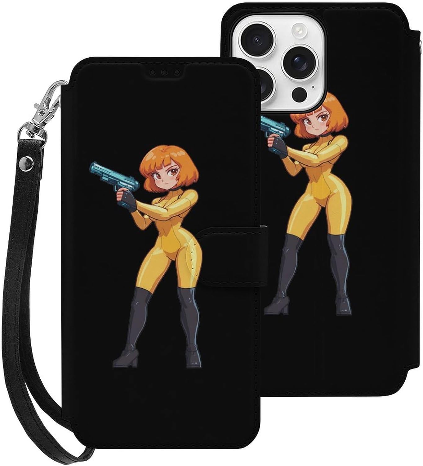 Female Soldier with Guns Compatible with iPhone 16/16 Plus/16 Pro/16 Pro Max/16 E Case Phone Wallet Card Holder Flip Cover with Wrist Strap