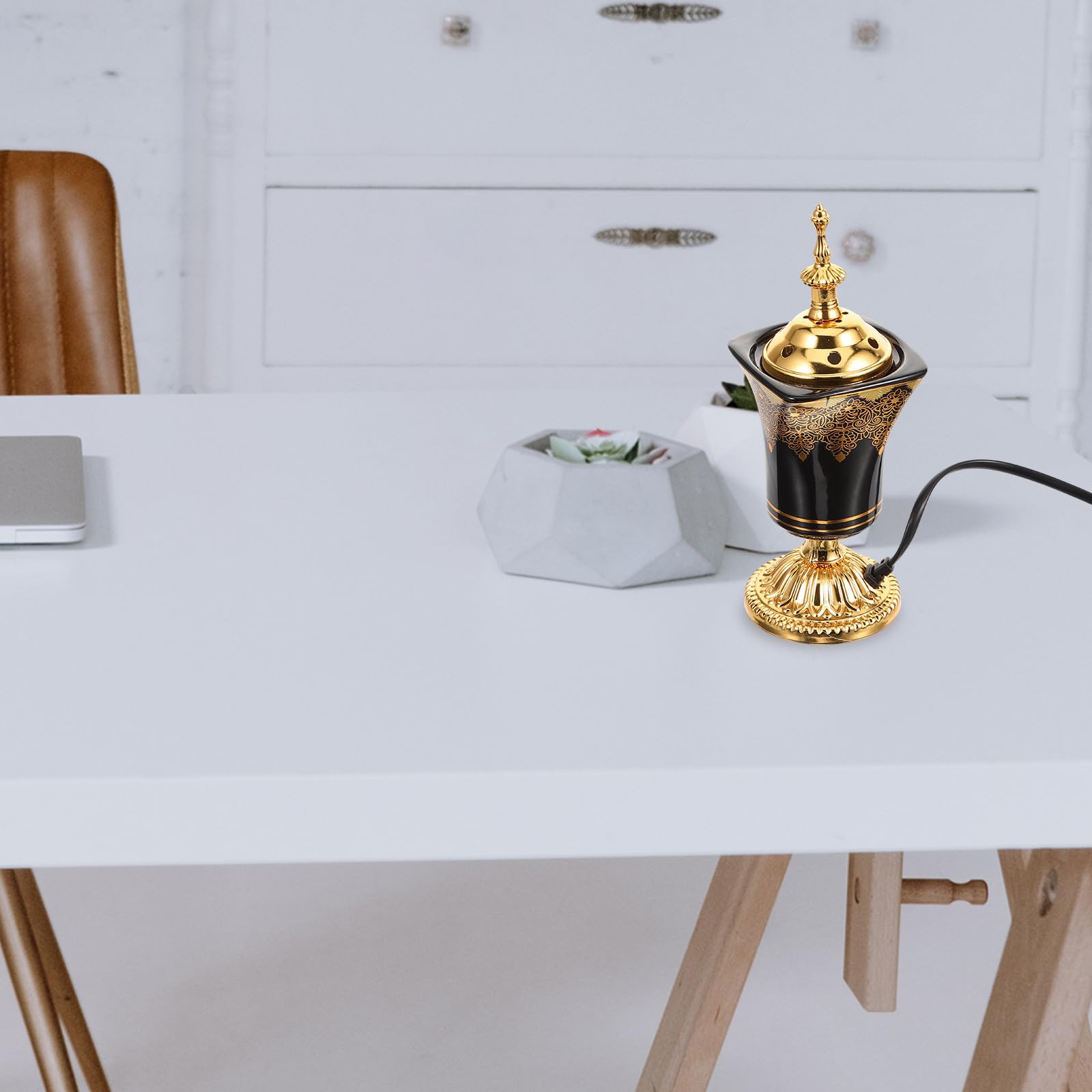 Quemador de Incienso Eléctrico Decorativo de Escritorio, Estilo Árabe Negro